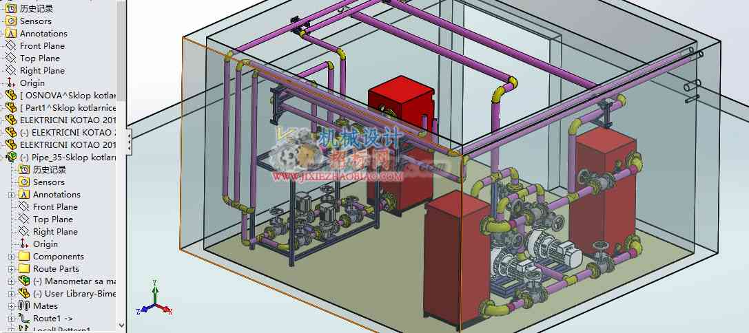 电锅炉管路设计3D模型_SolidWorks设计，含零件特征以及二维工程图
